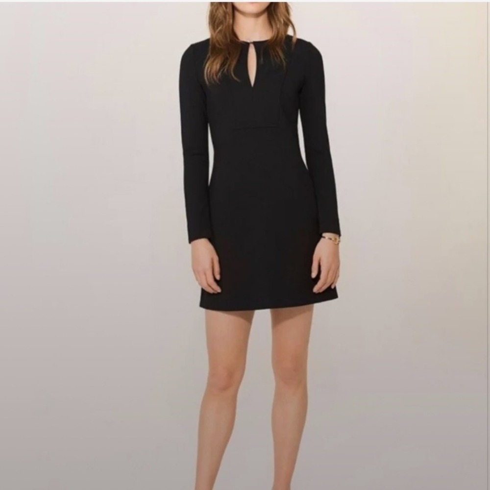 Tory Burch Black Knit Rory Long Sleeve Keyhole Mini Dress Logo Pearl Button XS